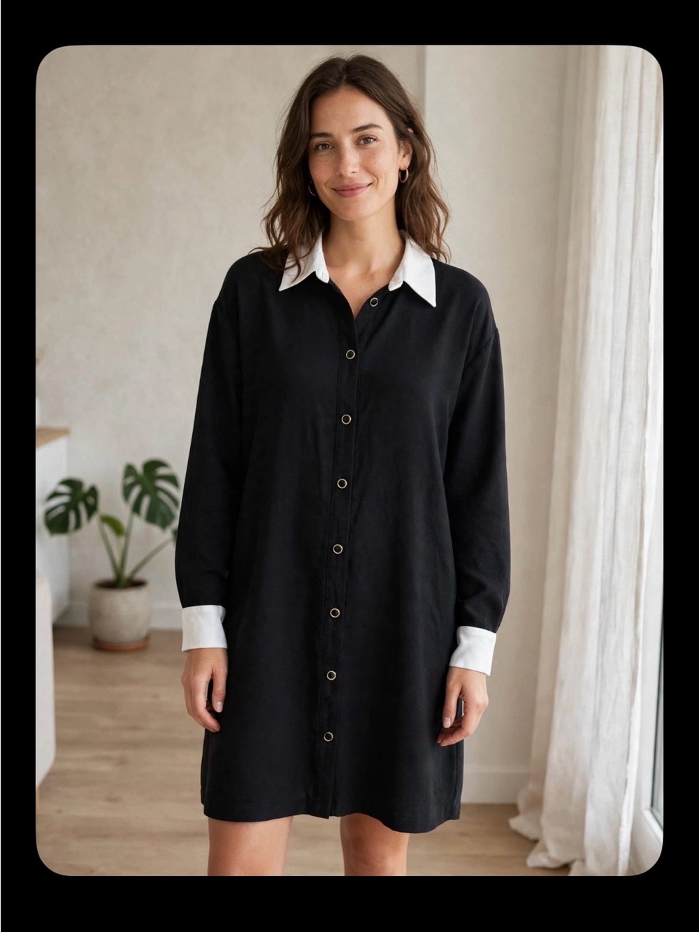 Zara Black & White Contrast Collar Mini Shirt Dress • Robe M